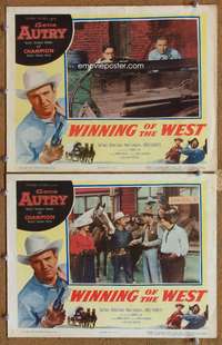 4g907 WINNING OF THE WEST 2 movie lobby cards '52 cowboy Gene Autry hiding behind wagon!