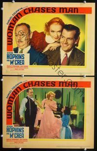 4g911 WOMAN CHASES MAN 2 movie lobby cards '37 pretty Miriam Hopkins, Joel McCrea!
