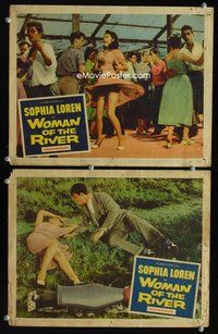 4g912 WOMAN OF THE RIVER 2 movie lobby cards '57 image of sexy Sophia Loren dancing!