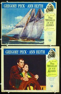 4g919 WORLD IN HIS ARMS 2 movie lobby cards '52 Gregory Peck & Ann Blyth at sea!