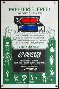4h015 13 GHOSTS green style 1sh '60 William Castle, great art of all the spooks, Ghost Viewer!