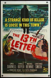 4h017 13th LETTER 1sh '51 Otto Preminger, Linda Darnell, a strange kind of killer is loose!