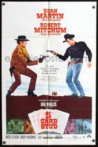 4h029 5 CARD STUD 1sh '68 Dean Martin & Robert Mitchum play poker & point guns at each other!
