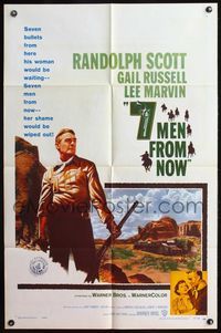 4h032 7 MEN FROM NOW 1sh '56 great full-length art of Randolph Scott with rifle, Budd Boetticher