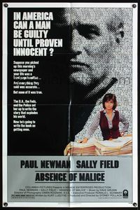 4h039 ABSENCE OF MALICE 1sh '81 Paul Newman, Sally Field, Sydney Pollack directed, cool design!