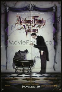 4h042 ADDAMS FAMILY VALUES DS advance 1sh '93 image of Lurch playing with baby, creepier & kookier!