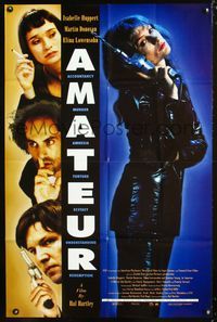 4h059 AMATEUR 1sh '94 Isabelle Huppert in leather, Martin Donovan, Hal Hartley directed!