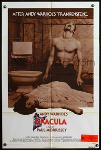 4h069 ANDY WARHOL'S DRACULA 1sh '74 Paul Morrissey, wild image of vampire Udo Kier over victim!