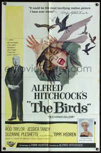 4h130 BIRDS 1sh '63 Alfred Hitchcock shown full-length, art of Tippi Hedren attacked by birds!