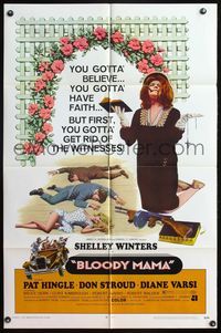 4h145 BLOODY MAMA 1sh '70 Roger Corman, AIP, crazy Shelley Winters w/Bible and tommy gun!