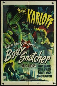 4h007 BODY SNATCHER signed style A 1sh '45 by Robert Wise, cool art of Boris Karloff!