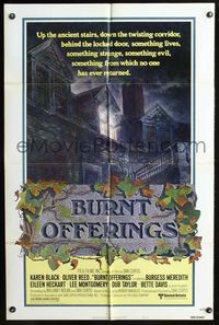 4h176 BURNT OFFERINGS style A 1sh '76 cool art of spooky mansion from which no one has returned!