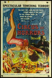 4h215 CIRCUS OF HORRORS 1sh '60 outrageous horror art of super sexy trapeze girl hanging by neck!