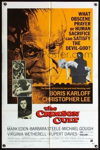 4h014 CRIMSON CULT signed 1sh '70 by Virginia Wetherell, cool image of Boris Karloff & Chris Lee!