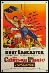 4h239 CRIMSON PIRATE 1sh '52 great image of barechested Burt Lancaster swinging on rope!