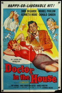 4h287 DOCTOR IN THE HOUSE style A 1sh '55 great art of Dr. Dirk Bogarde examining super sexy babe!