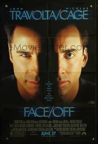 4h334 FACE/OFF DS advance 1sh '97 John Travolta and Nicholas Cage switch faces, John Woo sci-fi!
