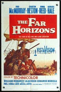 4h345 FAR HORIZONS 1sh '55 art of Charlton Heston & Fred MacMurray as Lewis & Clark + Donna Reed!