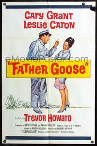 4h348 FATHER GOOSE 1sh '65 artwork of sea captain Cary Grant yelling at pretty Leslie Caron!