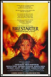4h362 FIRESTARTER advance 1sh '84 close up of creepy eight year-old Drew Barrymore, sci-fi!