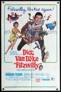 4h370 FITZWILLY 1sh '68 great comic art of Dick Van Dyke & Barbara Feldon!