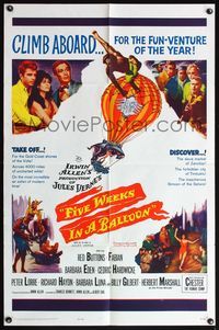 4h376 FIVE WEEKS IN A BALLOON 1sh '64 Jules Verne, Red Buttons, Fabian, Barbara Eden