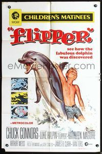 4h382 FLIPPER 1sh R70 Chuck Connors, cool art of Luke Halpin & the fabulous dolphin!