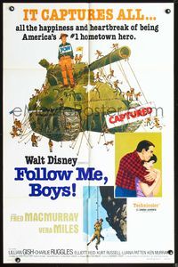 4h386 FOLLOW ME BOYS 1sh R76 art of Fred MacMurray tied to tank, Kurt Russell, Disney, Boy Scouts!