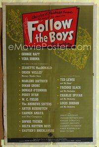 4h388 FOLLOW THE BOYS style D 1sh '44 Welles, Fields, Dietrich, MacDonald & more Universal allstars!