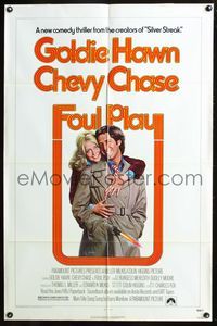 4h401 FOUL PLAY 1sh '78 wacky Lettick art of Goldie Hawn & Chevy Chase, screwball comedy!