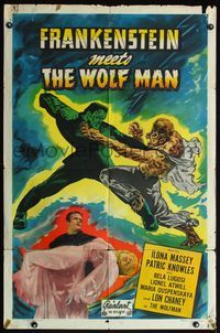 4h403 FRANKENSTEIN MEETS THE WOLF MAN 1sh R49 great art of monsters fighting + Lugosi holding girl!