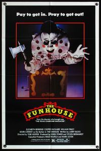 4h410 FUNHOUSE 1sh '81 Tobe Hooper directed, creepy carnival clown horror image, pray to get out!