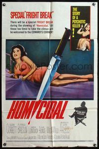 4h494 HOMICIDAL 1sh '61 William Castle's story of a psychotic killer, cool knife & sexy girl image!