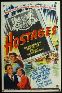 4h504 HOSTAGES style A 1sh '43 Luise Rainer, right out of Hitler's cracking Fortress Europe!