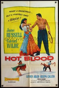 4h506 HOT BLOOD 1sh '56 great image of barechested Cornel Wilde grabbing Jane Russell, Nicholas Ray