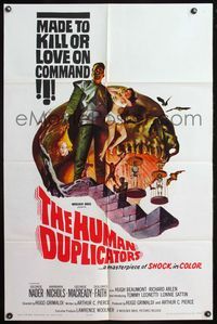 4h519 HUMAN DUPLICATORS 1sh '64 cool art of monsters made to kill or love on command!