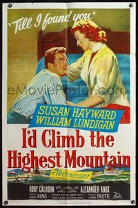 4h533 I'D CLIMB THE HIGHEST MOUNTAIN 1sh '51 art of Susan Hayward holding William Lundigan on bed!