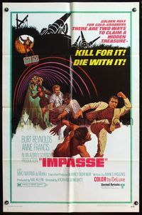 4h537 IMPASSE 1sh '69 cool action art of Burt Reynolds kicking thug in the face, Anne Francis!