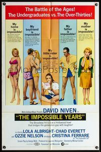 4h538 IMPOSSIBLE YEARS 1sh '68 David Niven, sexy Christina Ferrare, undergrads vs. over-thirties!