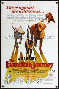 4h539 INCREDIBLE JOURNEY 1sh '63 great adventure art of Walt Disney animals!