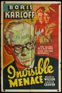4h004 INVISIBLE MENACE other company 1sh '38 great completely different art of spooky Boris Karloff!
