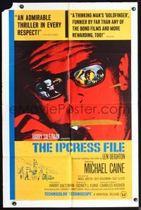 4h548 IPCRESS FILE 1sh '65 great full art close up of Michael Caine in mirrored sunglasses!