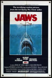4h556 JAWS 1sh '75 artwork of Steven Spielberg's classic man-eating shark attacking sexy swimmer!