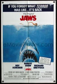4h557 JAWS 1sh R79 artwork of Steven Spielberg's classic man-eating shark attacking sexy swimmer!