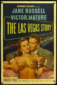4h579 LAS VEGAS STORY 1sh '52 Victor Mature romances sexy Jane Russell & gives her jewelry!