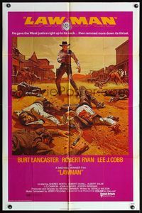 4h586 LAWMAN 1sh '71 cool art of sheriff Burt Lancaster w/dead bad guys, Michael Winner directed!
