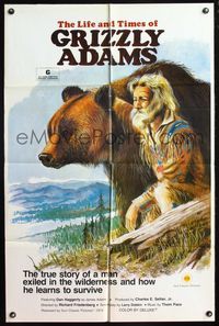4h591 LIFE & TIMES OF GRIZZLY ADAMS 1sh '74 artwork of Adams with grizzly bear!