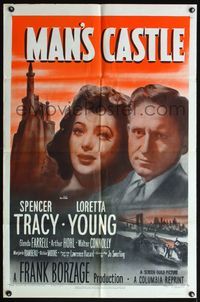 4h628 MAN'S CASTLE 1sh R50 super close head & shoulders image of Spencer Tracy & Loretta Young!