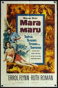 4h631 MARA MARU 1sh '52 montage of Errol Flynn & sexy Ruth Roman in the tropical Philippines!