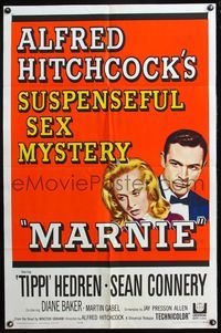 4h640 MARNIE 1sh '64 Sean Connery & Tippi Hedren in Alfred Hitchcock's suspenseful sex mystery!